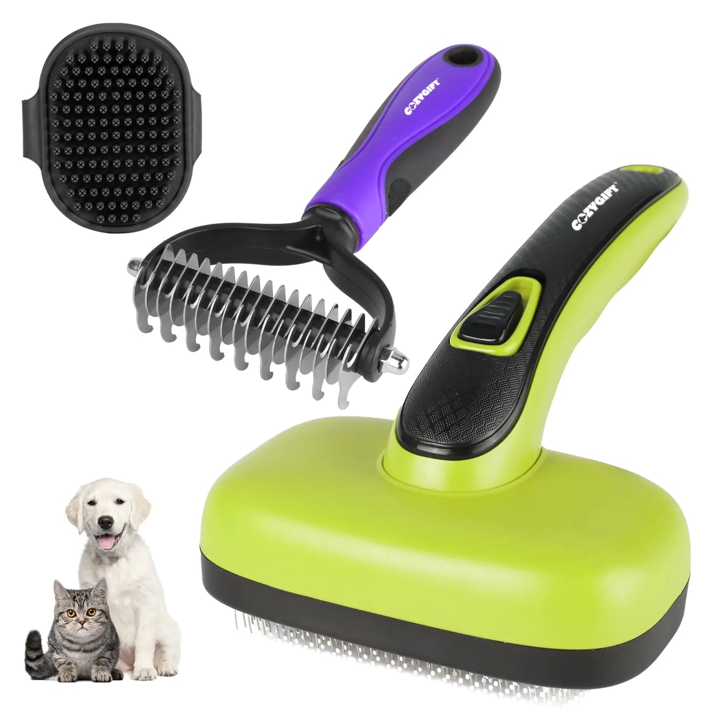 Pet Grooming Brush Kit (3-Piece) — Self-Cleaning Slicker Brush, Undercoat Rake & Bath Brush for Dogs & Cats